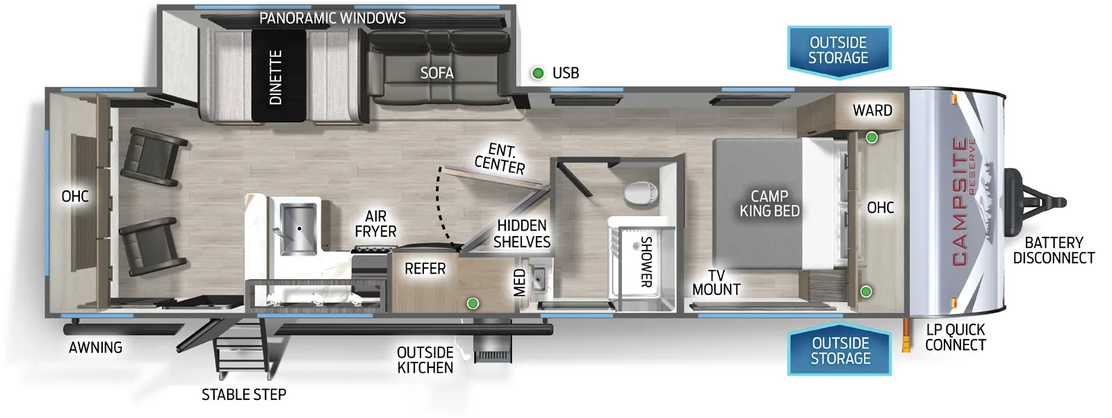 The Campsite Reserve 26RM floorplan has one entry and one slide out. Exterior features include: metal exterior and outside kitchen. Interiors features include: front bedroom and rear living.